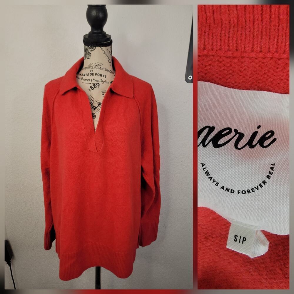 Aerie Henley Polo Sweatshirt Womens Size S Oversized Boyfriend Knit Collar Red